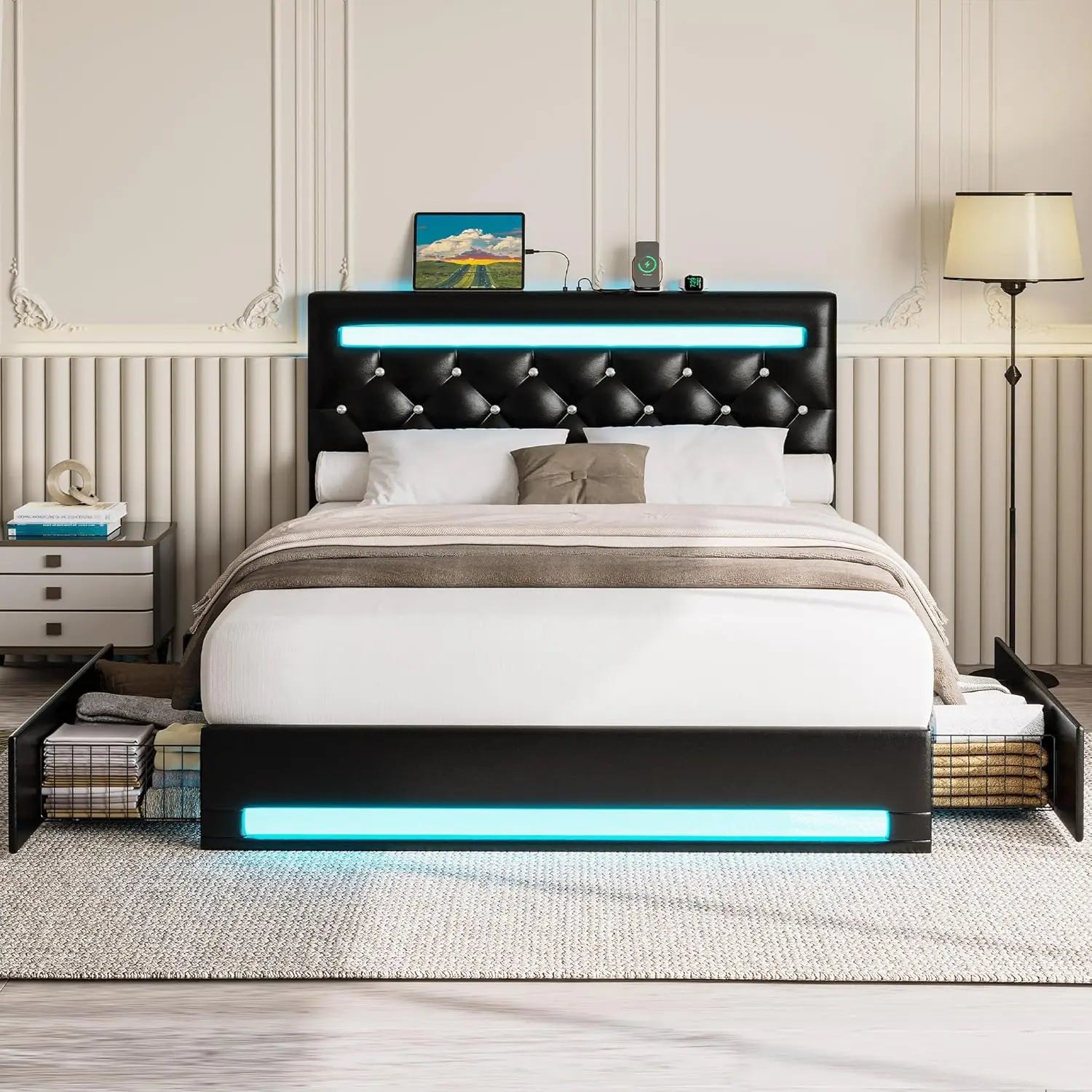Full Size PU Leather Platform Bed Frame with LED Light & 4 Storage Drawers (Black)