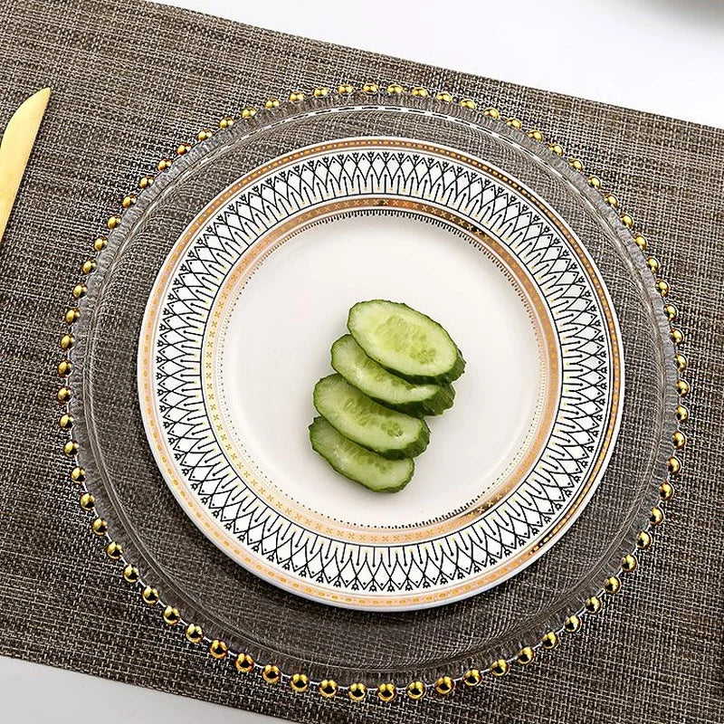 Golden Beaded Round Glass Plate – Transparent Dessert & Fruit Display Tray