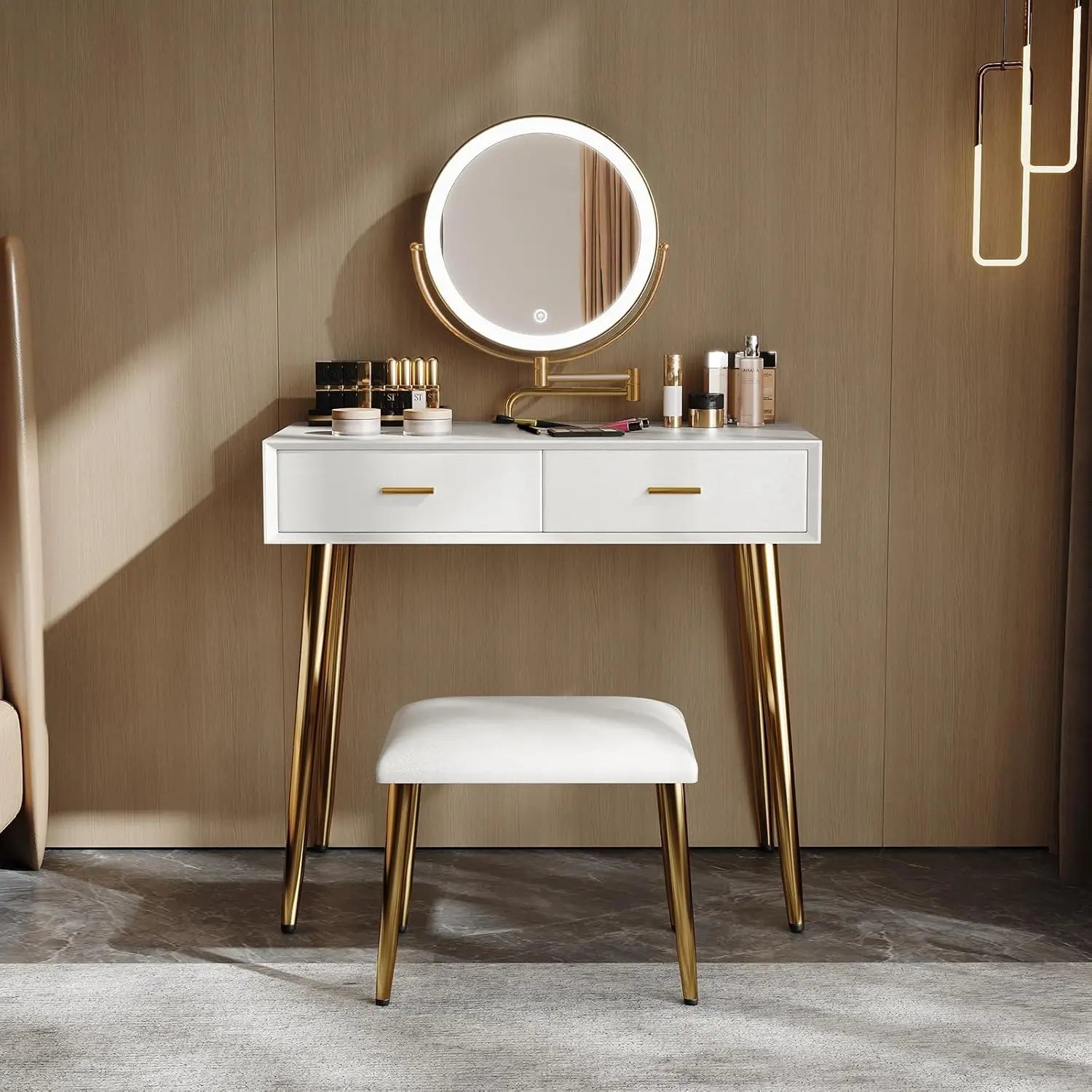 Makeup Vanity Desk with Mirror and Lights, Small Vanity Table with 2 Drawers, Stool,Vanity Set for Bedroom with Microfiber