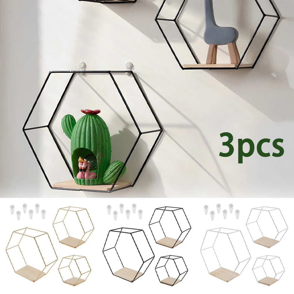 3Pcs Wall Mounted Hexagon Shelf Metal Anti Rust Storage Shelves Sundries Storage Holder Wall Decor for Bedroom Living Room