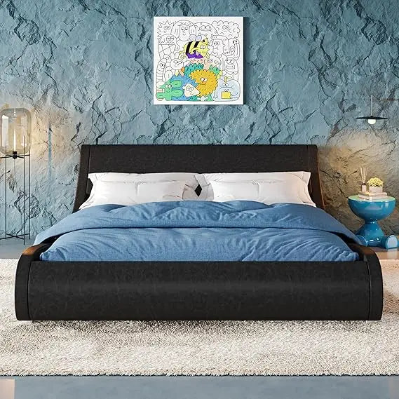 Upholstered Queen Size Platform Bed Frame – Modern Low Profile Sleigh Bed with Adjustable Faux Leather Headboard