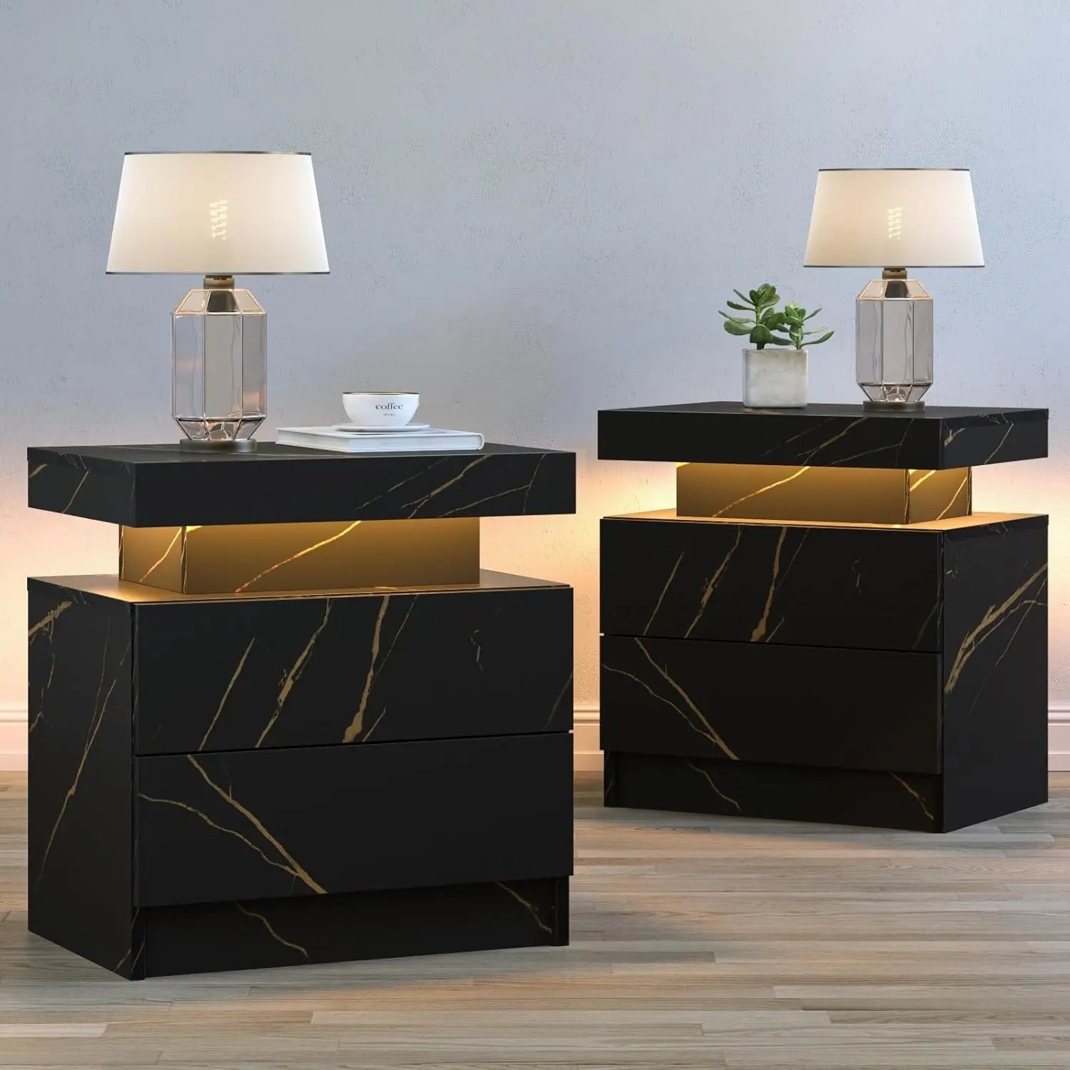 Nightstand LED Set of 2 Black Bedside Table LED Night Stand with LED Lights Modern End Side Table with 2 Drawers for Bedroom