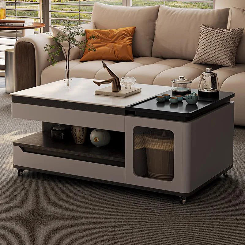 All-in-One Mobile Tea Table with Casters – Modern Coffee Table with Hidden Storage