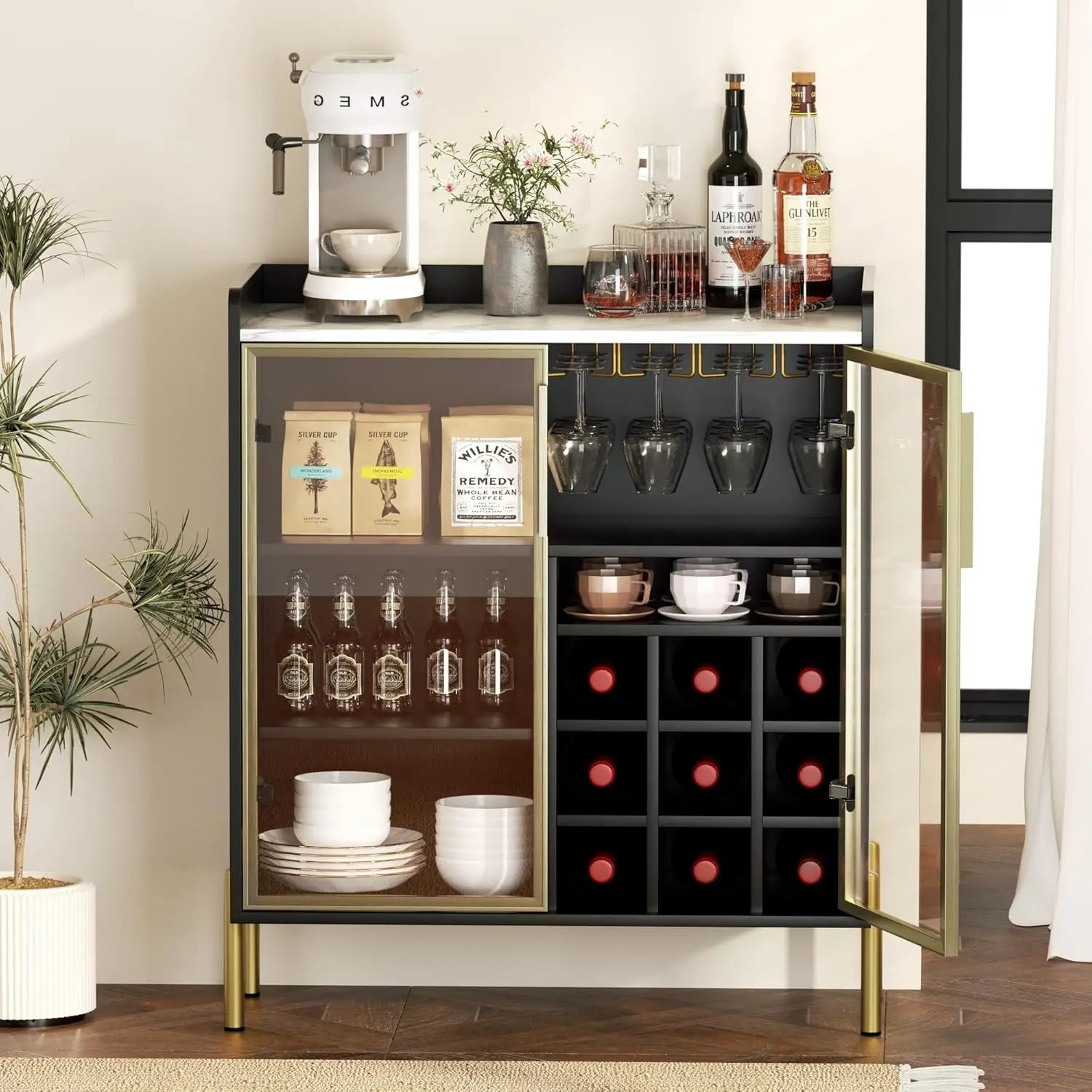 Modern White Coffee Bar Cabinet – Aluminum Frame Glass Door Wine & Liquor Sideboard