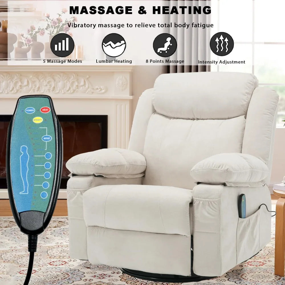 Massage Rocker Recliner Chair with Heat for Adult, Fabric Overstuffed Swivel Recliners Single Sofa Reclining Rocking Manual Home