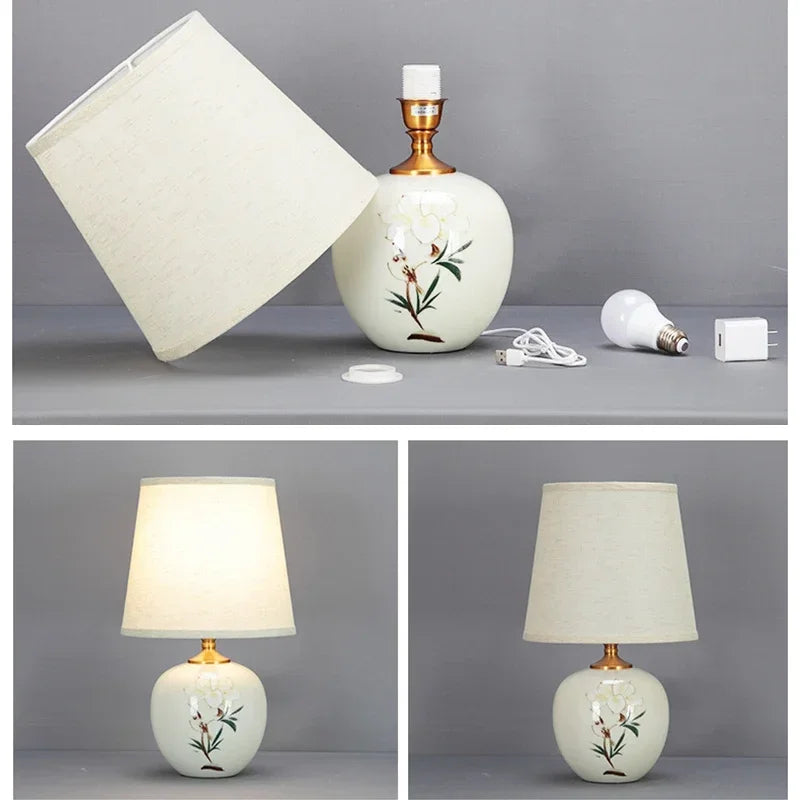 ELARA Ceramic Table Lamps Chinese for Bedside Modern White LED Dimming Desk Light For Home Living Bedroom Decor