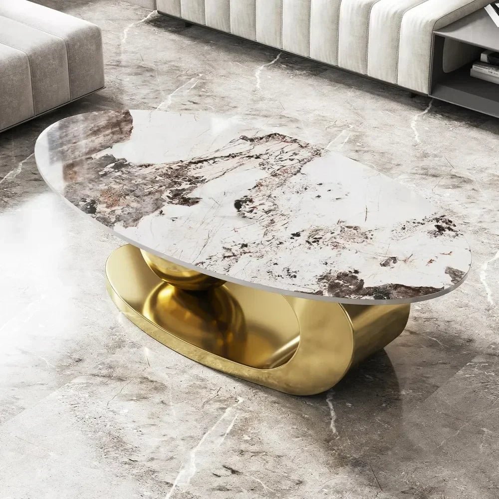 Modern Oval Stone Coffee Table – Abstract Gold Metal Base Center Table