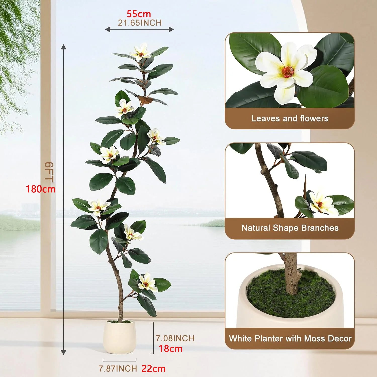 Artificial Rubber Tree with Magnolia Flowers 150/180/210cm Faux Plants with White Planter Pot Fake Tree for Home Office Decor