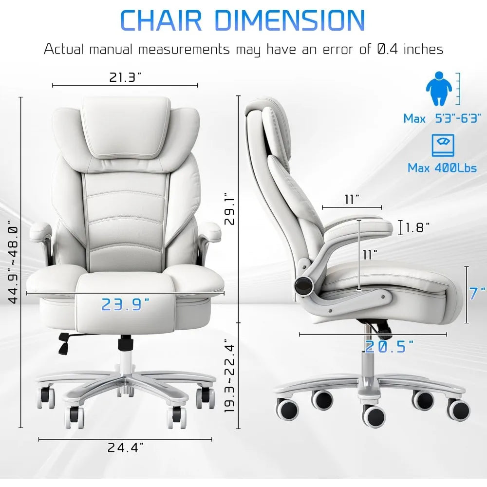 GYI Big and Tall Office Chair 400lb Wide Seat, Ergonomic High Back Leather Executive Desk Chair with Flip-up Arms, White