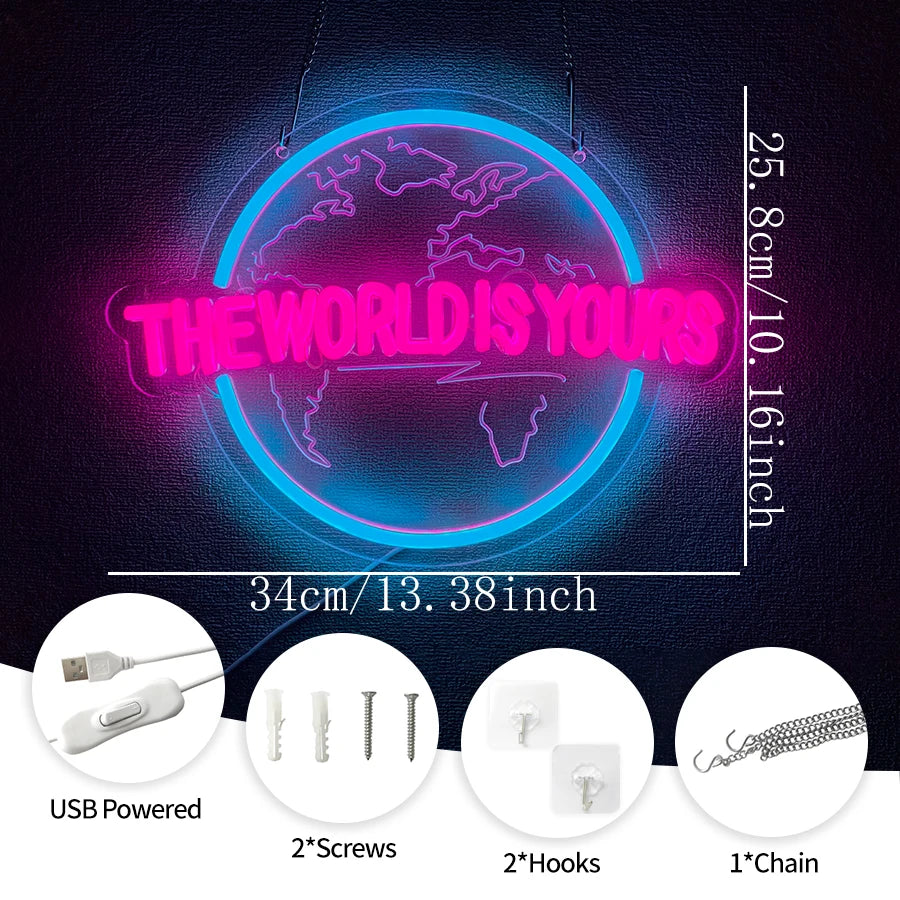 The World Is Yours Led Neon Sign, Earth-Shaped Sign 3D Sculpture, Used For Bedroom, Club And Game Room Decor, Powered By Usb.