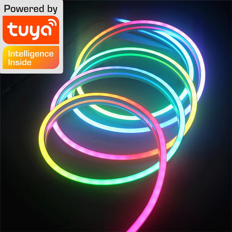 TUYA Neon LED Strip Lights 5V 72LEDs/M Silicone Neon Rope Light with Music Sync RGBIC Dreamcolor Chasing Strip Tape for Room