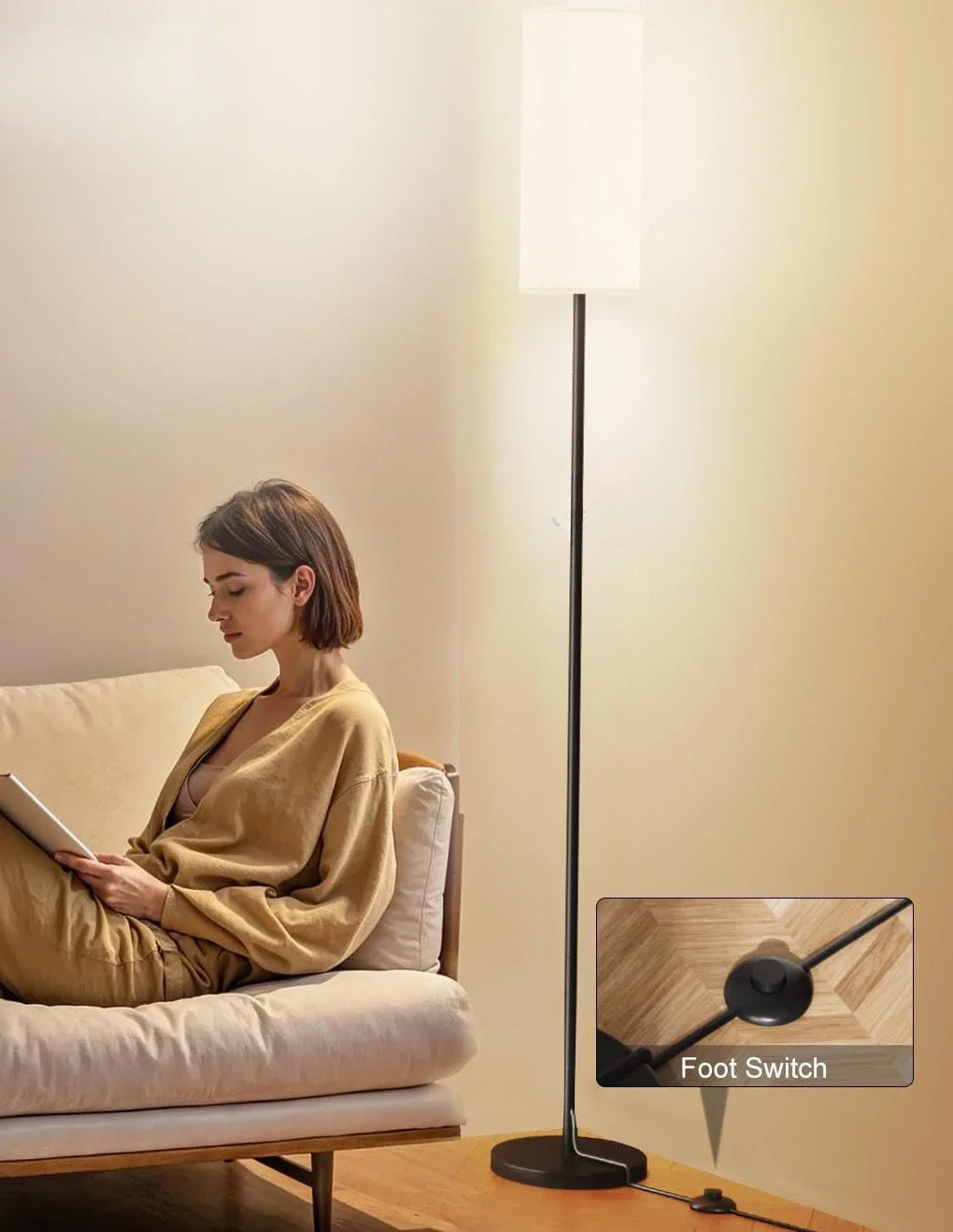 Modern Living Room Floor Lamp, Dimmable with 9W LED Bulb, 165 cm High 3 Colour Temperatures and Foot Switch, Reading Lamp