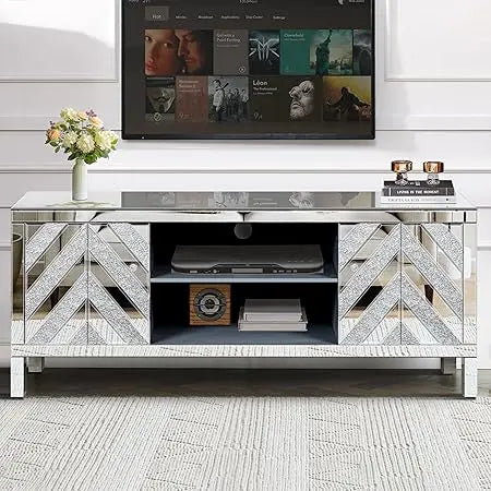 Mirrored TV Stand, Silver TV Cabinet with 2 Storage Cabinets and Open Shelves, 60" TV Cabinet for Living Room, Entertainment Cen