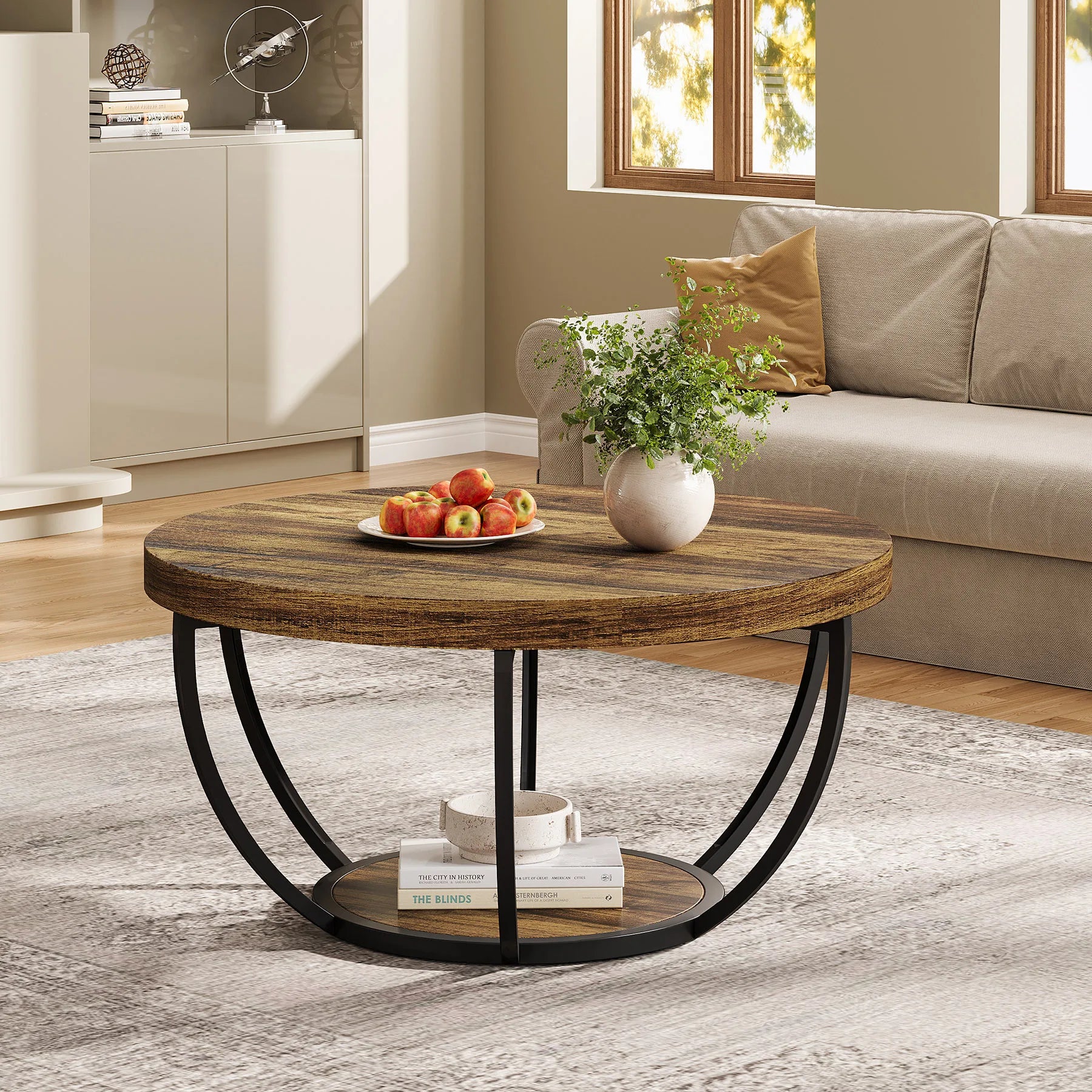 31.7” Round Industrial Coffee Table – 2-Tier Circle Table with Storage Shelves