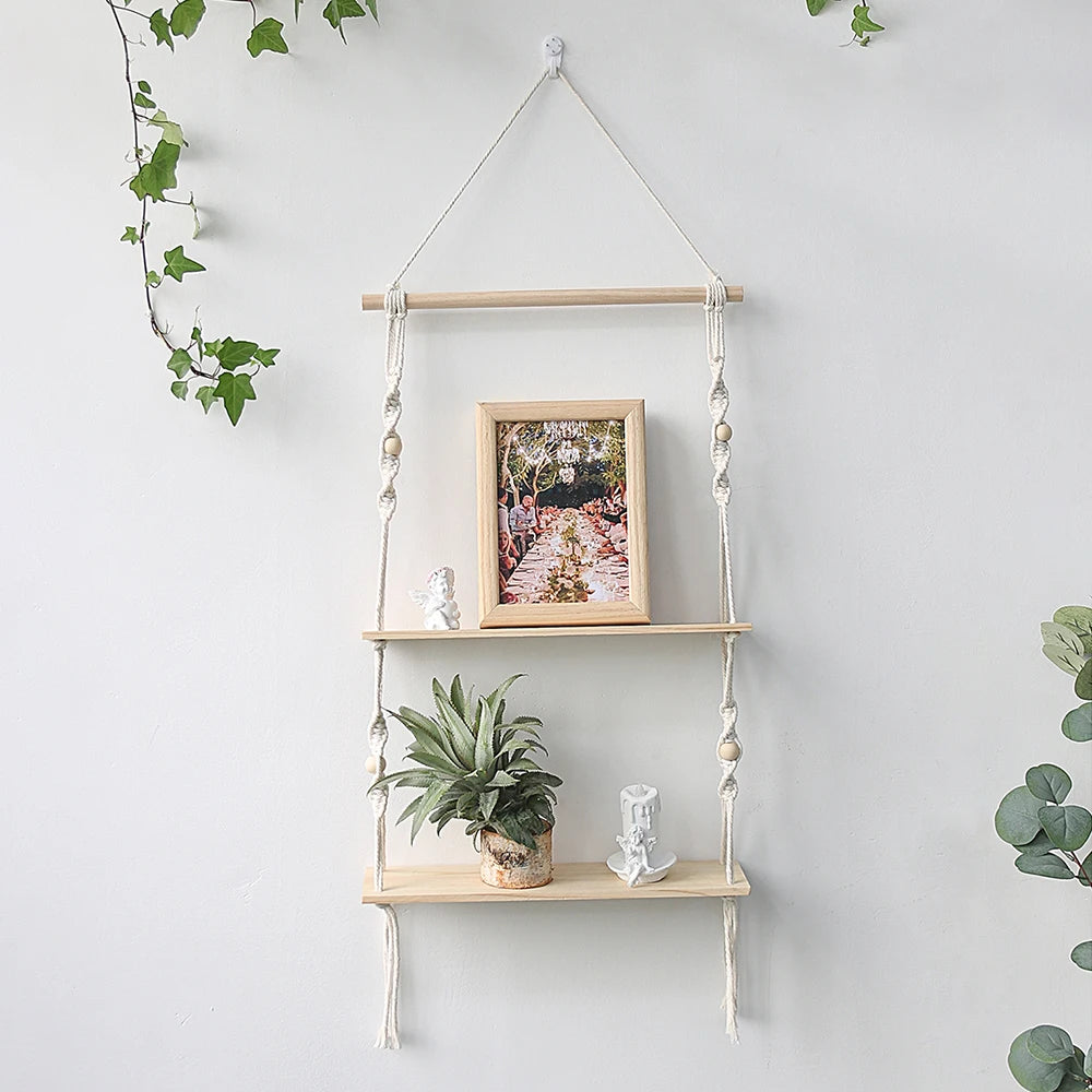Wooden Wall Shelf Macrame Display Stand Boho Art Home Decoration Floating Shelf Nordic Wall Decor Living Room Nursery Aesthetics