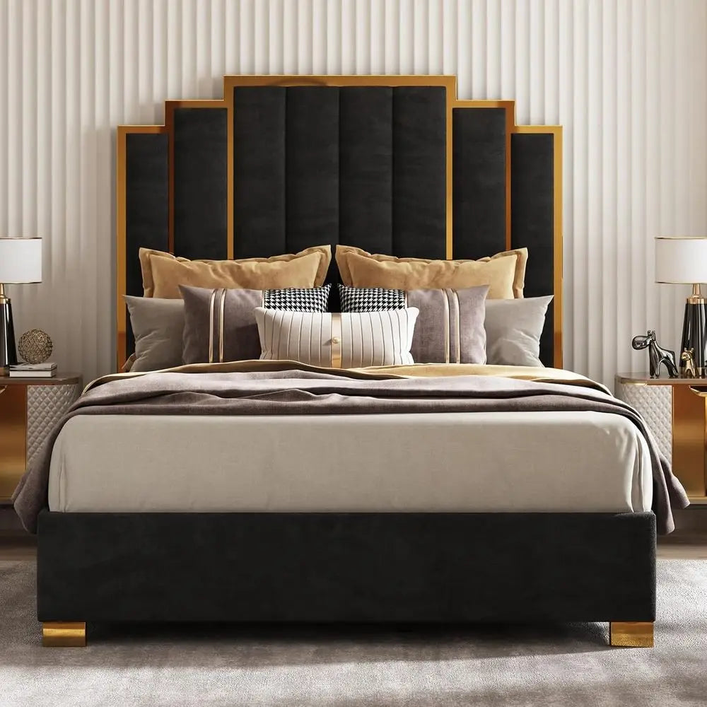 Modern Velvet Queen Bed Frame – 61.4″ Tall Gold Headboard (Black)
