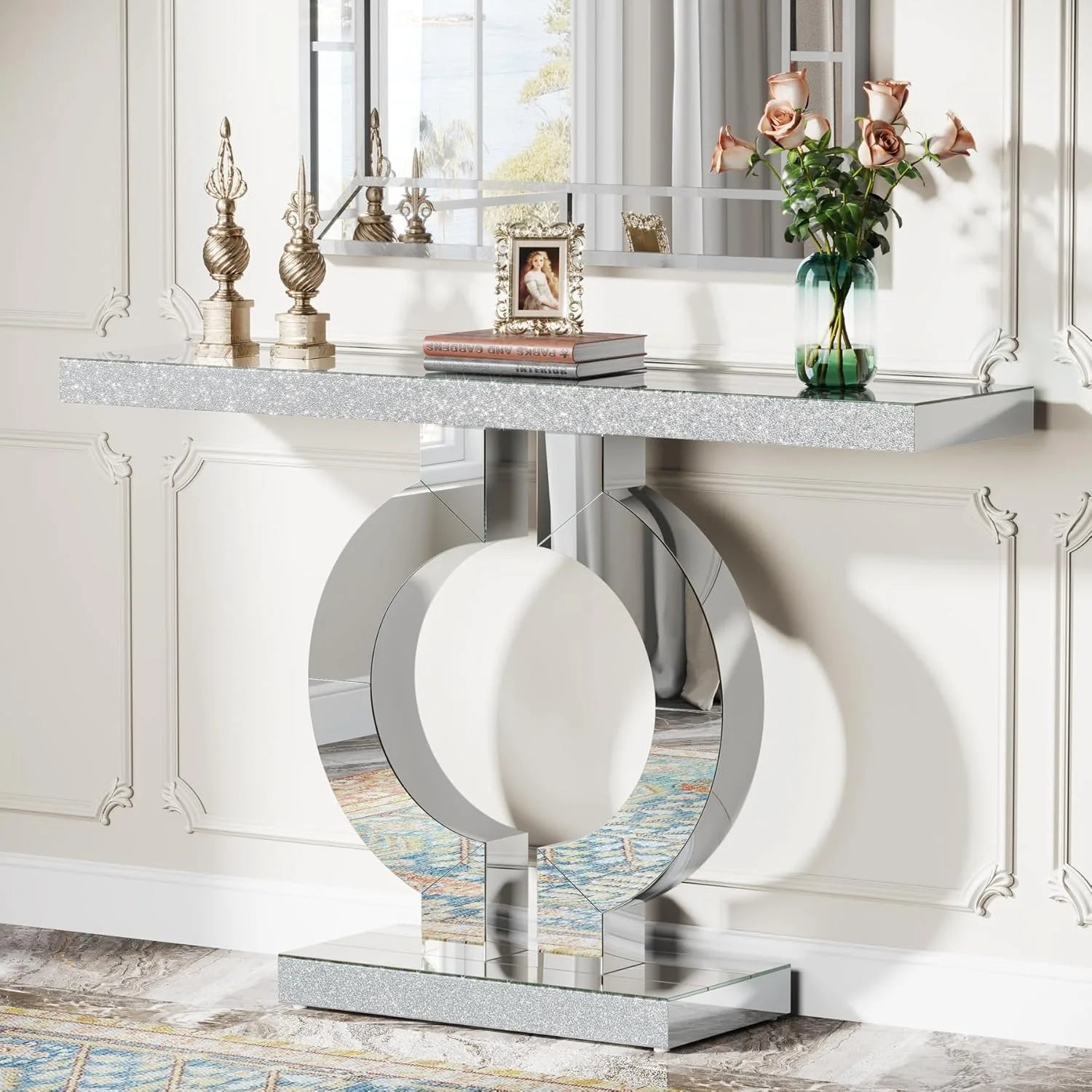Mirrored Console Table with O-Shaped Base, Entryway Table Glass Sofa Table with Mirror Finish, Rectangle Accent Foyer Table