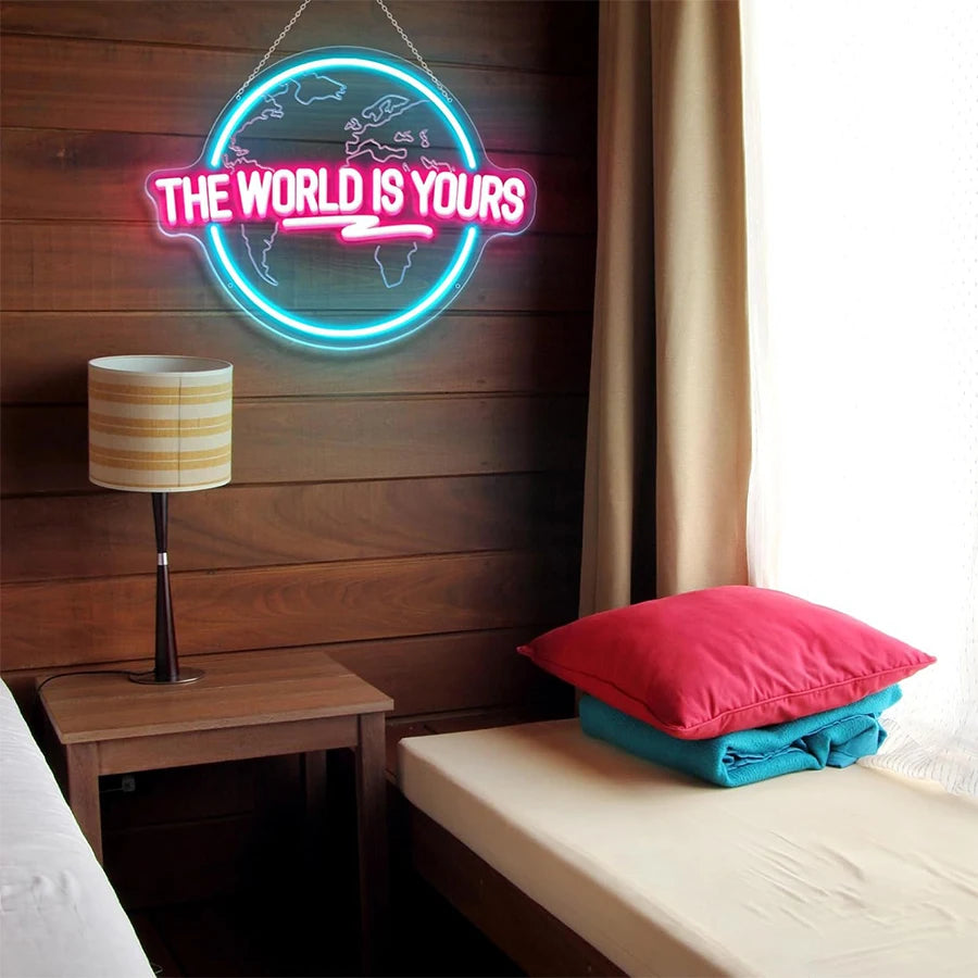 The World Is Yours Led Neon Sign, Earth-Shaped Sign 3D Sculpture, Used For Bedroom, Club And Game Room Decor, Powered By Usb.