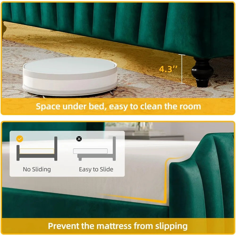 Queen Size DWVO Platform Bed Frame – Velvet Wingback Headboard & Footboard with LED Lighting