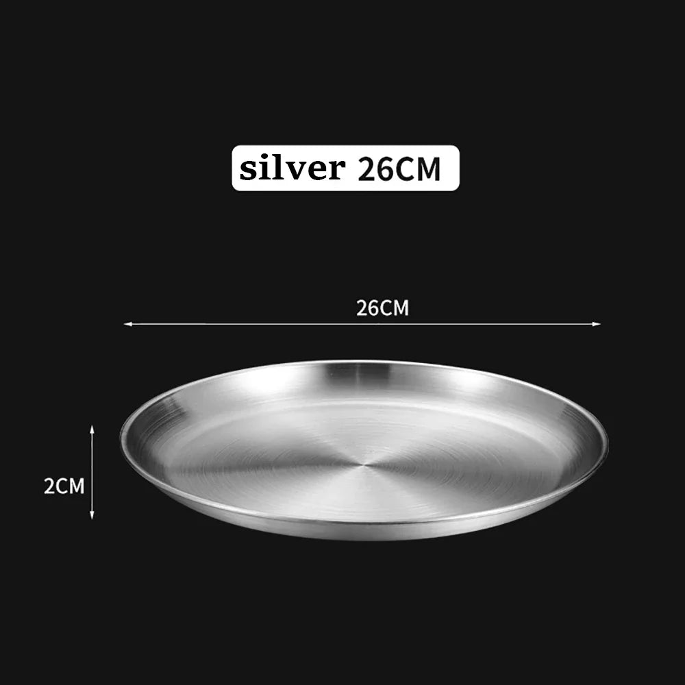 Gold Stainless Steel Round Plate – Rust-Proof Shallow Tray for Dining & Outdoor Use