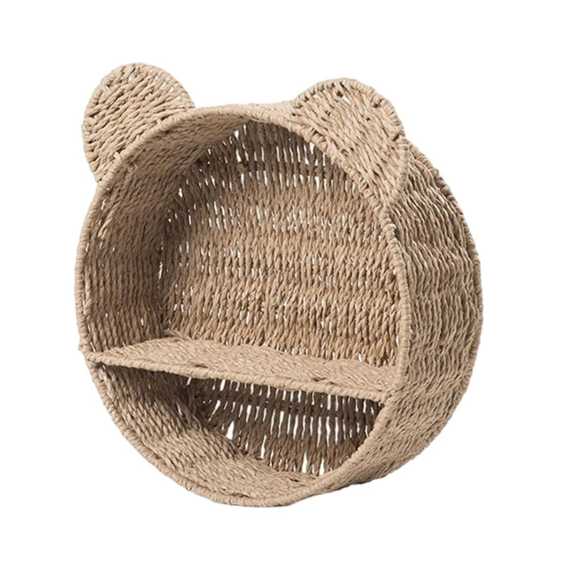 Bear Ear Wall Mounting Shelf Rattan Wall Shelves Small Plant Display Storage Rack Woven Hanging Storage Basket
