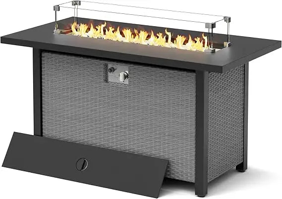 45 Outdoor Propane Gas Fire Pit Table, 50000 BTU Rectangle Rattan Propane Fire Table for Garden, Backyard, Deck Patio