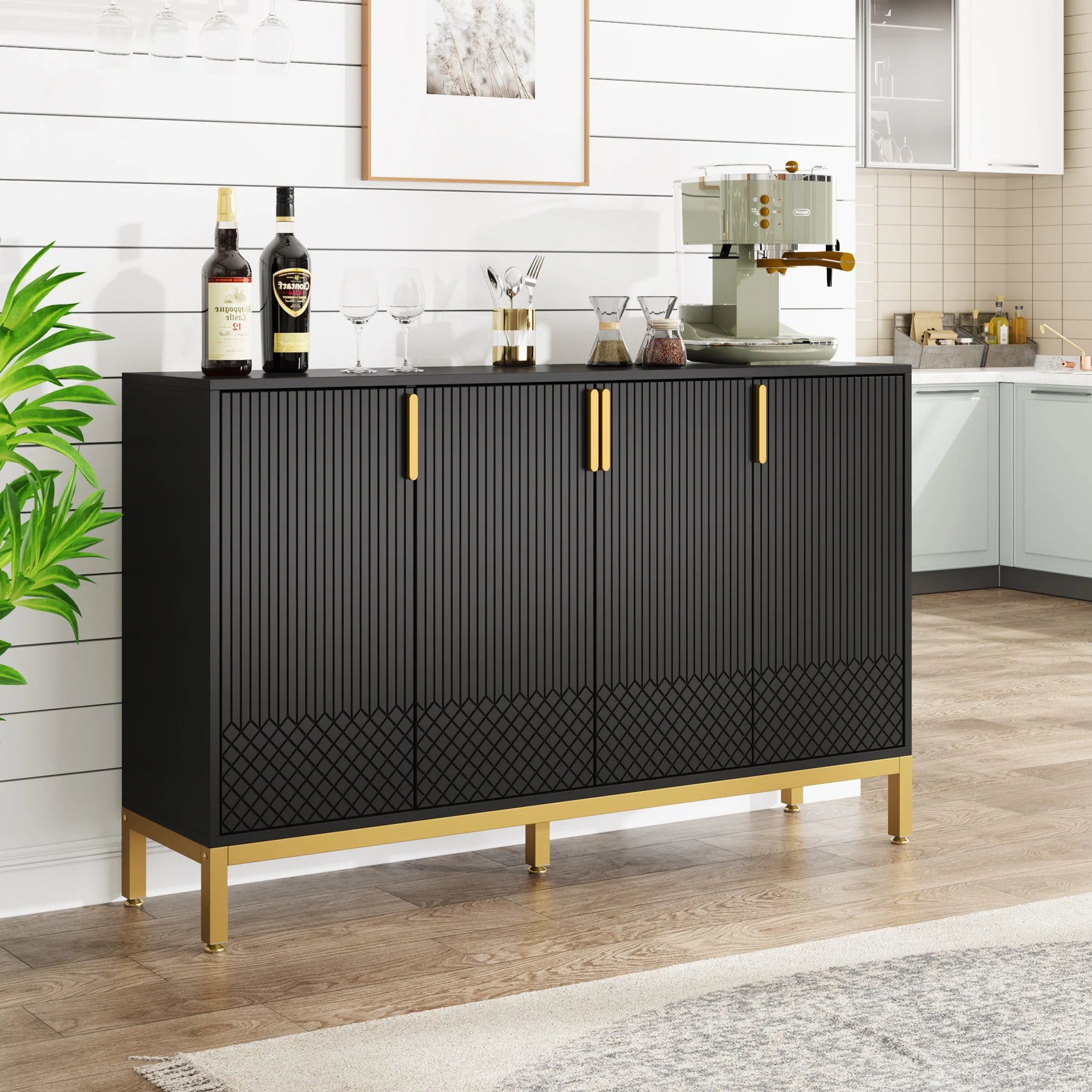 Tribesigns Modern Storage Cabinet, 59 Inch Console Cabinet Sideboard Buffet Cabinet with 4 Doors & Gold Metal Base