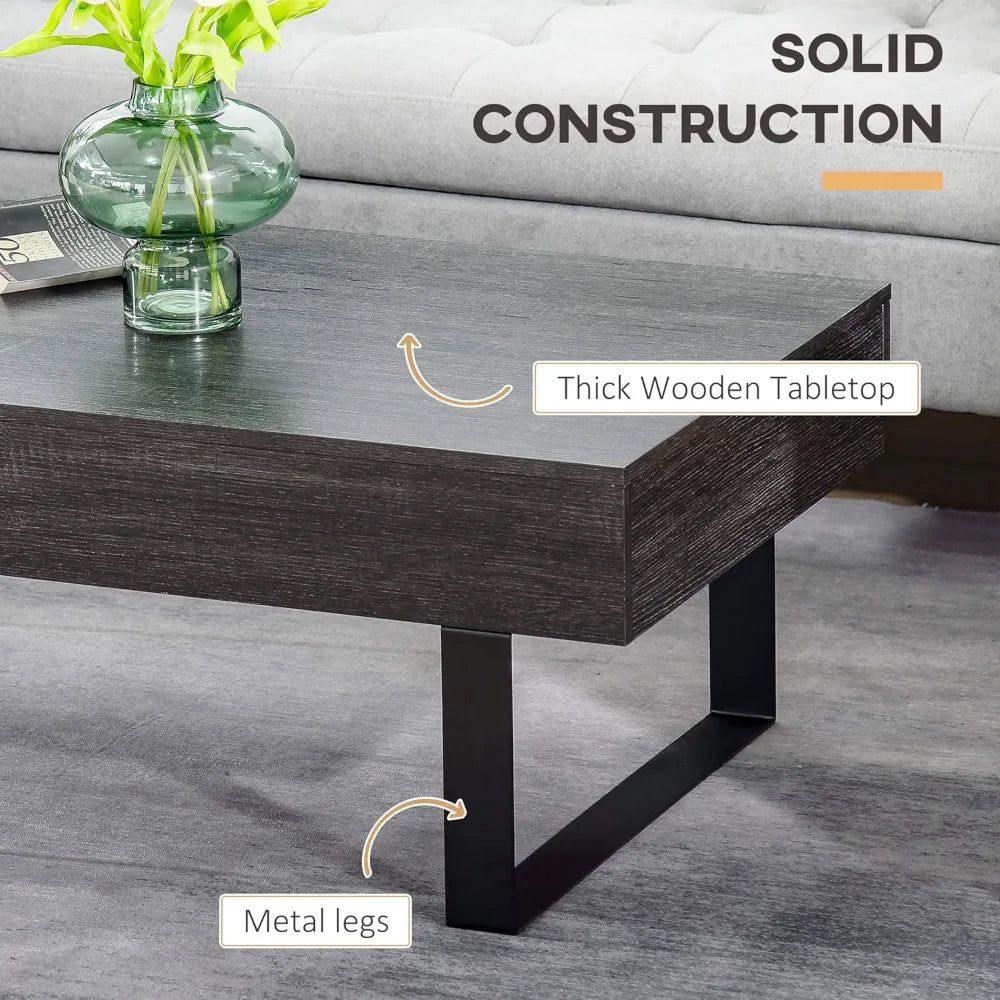 Dark Grey Mid-Century Modern Coffee Table – Wood Grain Table with Storage Drawer