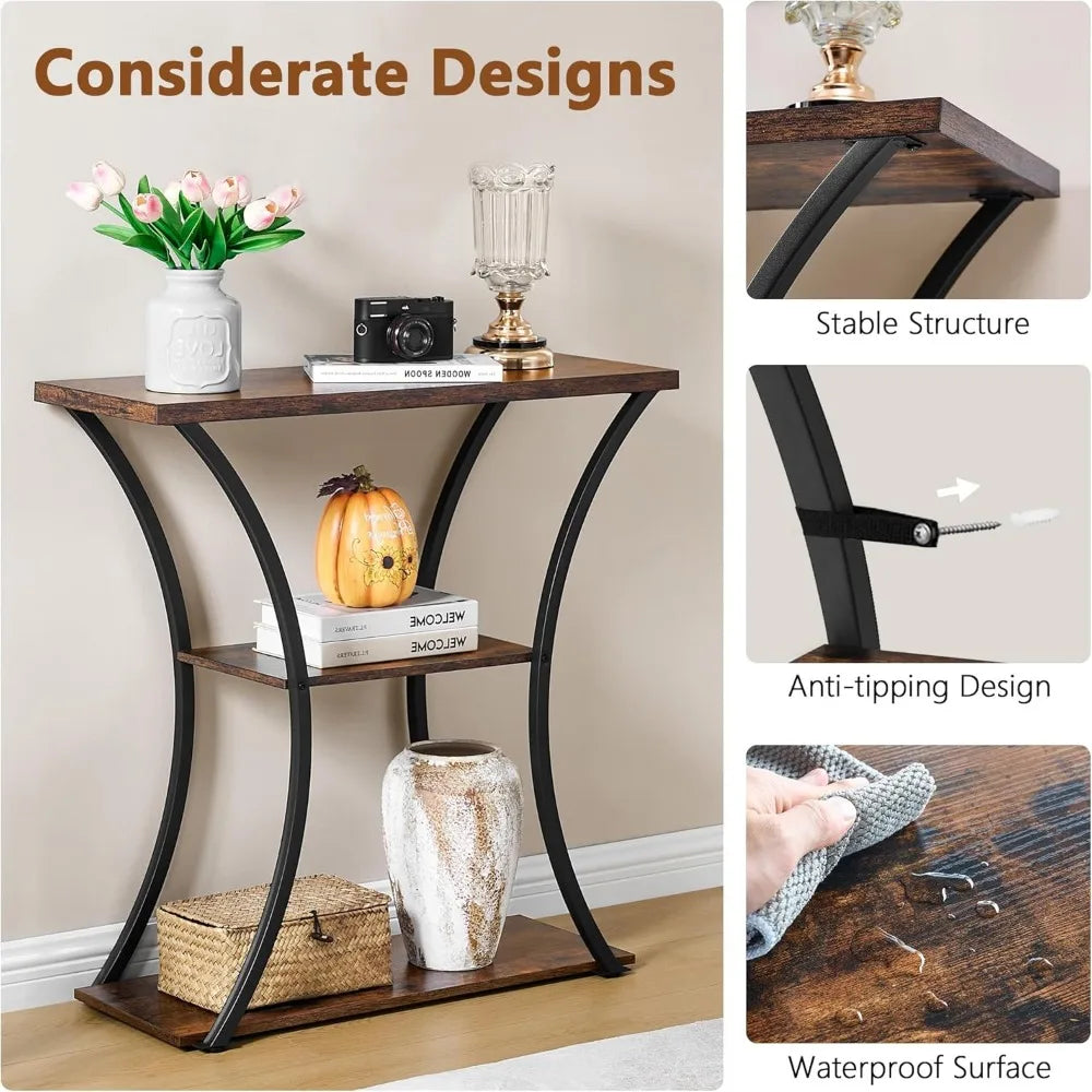 3 Tier Console Table with Open Wood Shelves, Decorative Entryway Table with Curved Metal Frames, Narrow Sofa Table for