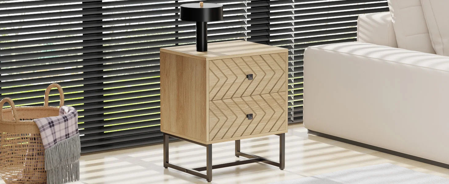 Modern Nightstand with 2 Drawers, Wood Night Stand with Metal Legs, Boho Bedside Table, Accent End Table for Bedroom