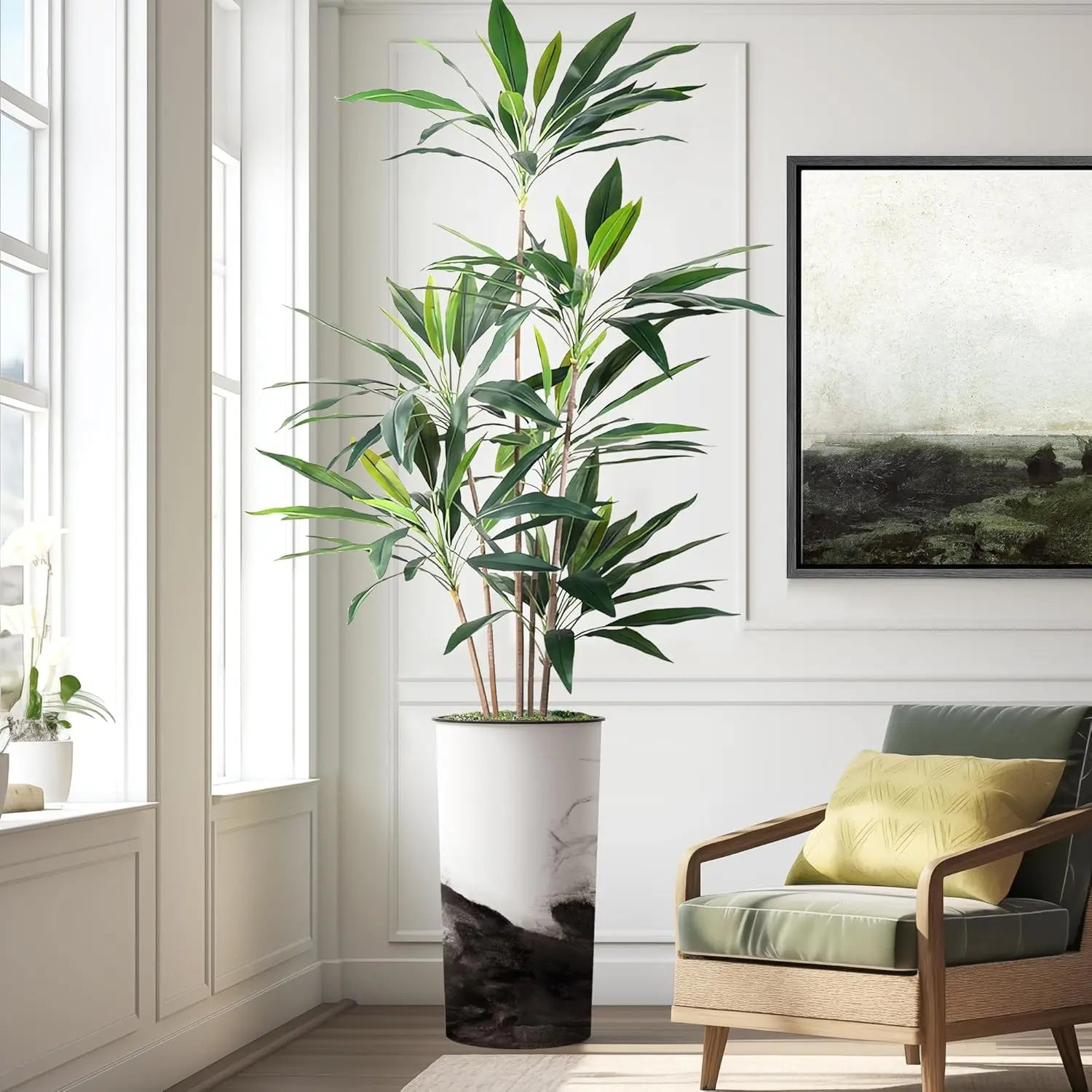 Artificial Tree in Contemporary Planter, Fake Dracaena Tree Silk Tree for Indoor and Outdoor Home Decoration - 66" Overall Ta