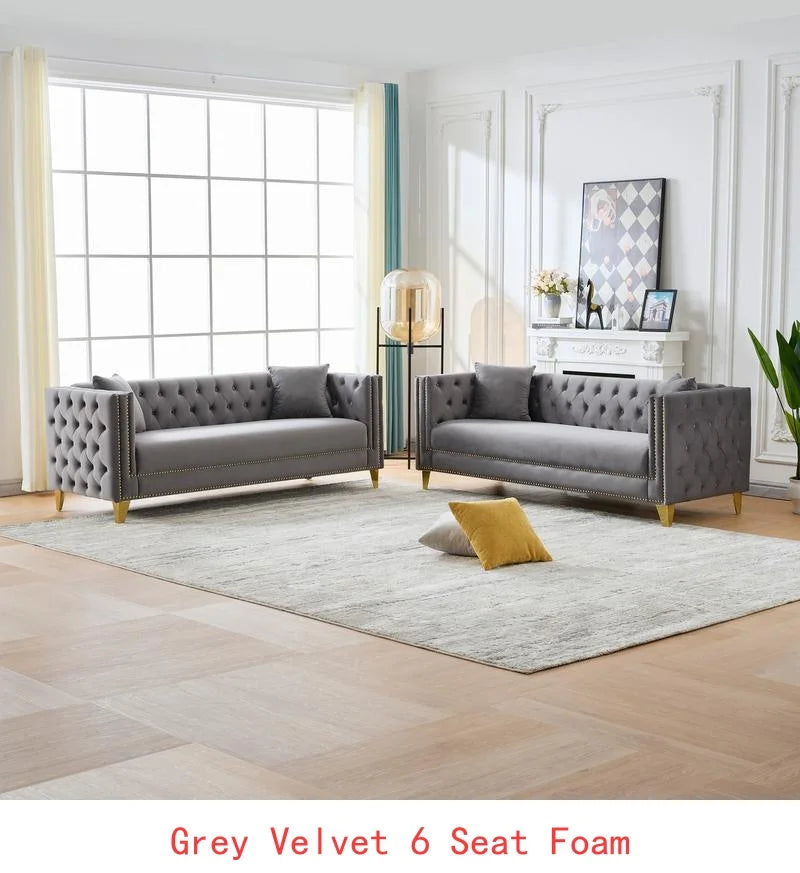 Modern Velvet 3-Seater Sofa with Deep Seat, Button Nailhead Design, Square Arm Couch for Living Room, Bedroom, Office, Beige