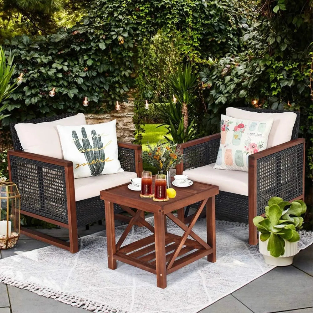 Patio Rattan Furniture Set with Washable Cushions and Acacia Wood Coffee Table for Outdoor Conversations