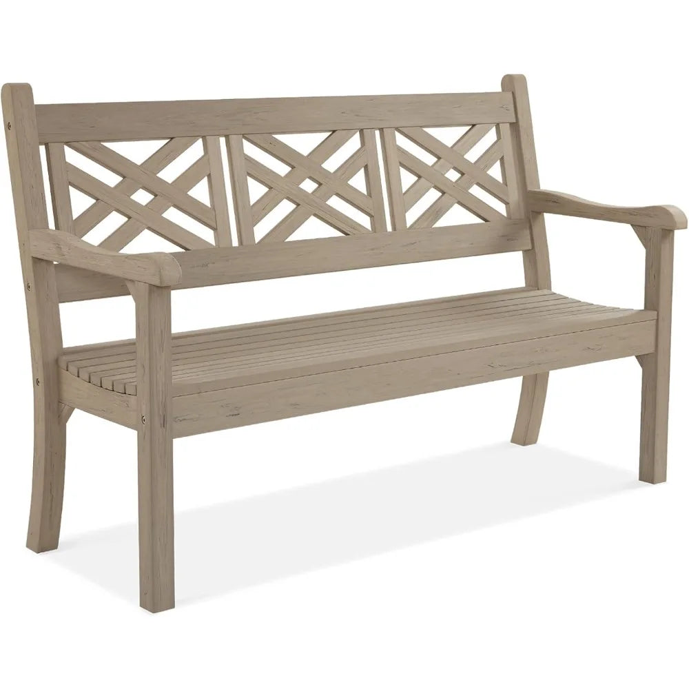 63''W All-Weather Poly Lumber Outdoor Bench – Teak Color, 3-Person Garden Bench with Decorative Backrest & Curved Armrests, Ant