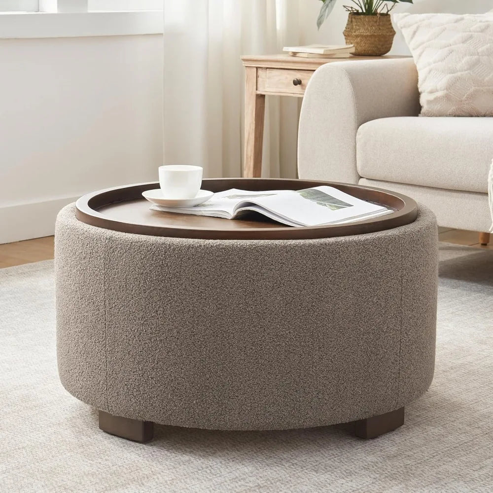 30” Round Boucle Storage Ottoman – Lift-Off Lid Coffee Table with Solid Wood Legs