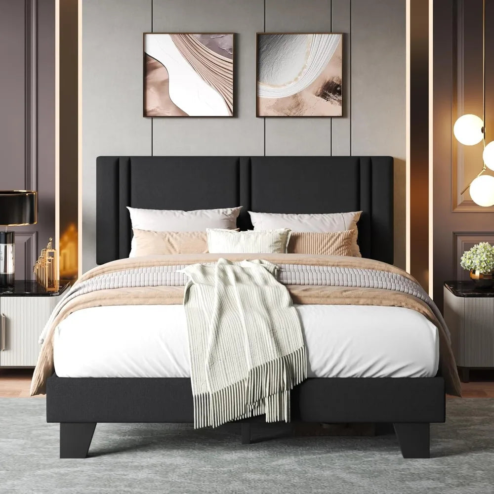 Upholstered Queen Size Bed Frame – Linen Fabric Headboard with Wooden Slat Support