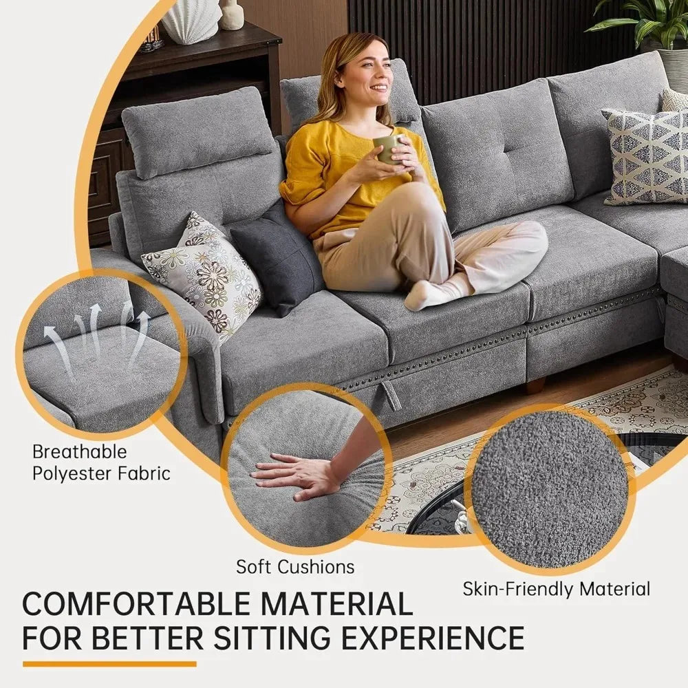 4 Seat L Shaped Convertible Sofa with Storage Chaise And Cup Holder Modern Microfiber Fabric Couch for Living Room