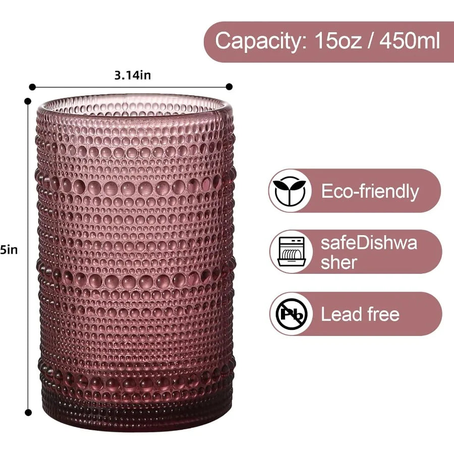 Vintage Glassware Drinking Glasses Set of 6 15 oz Hobnail Glass Cups with Embossed Purple Design Ideal for Beer Cocktail Whiske