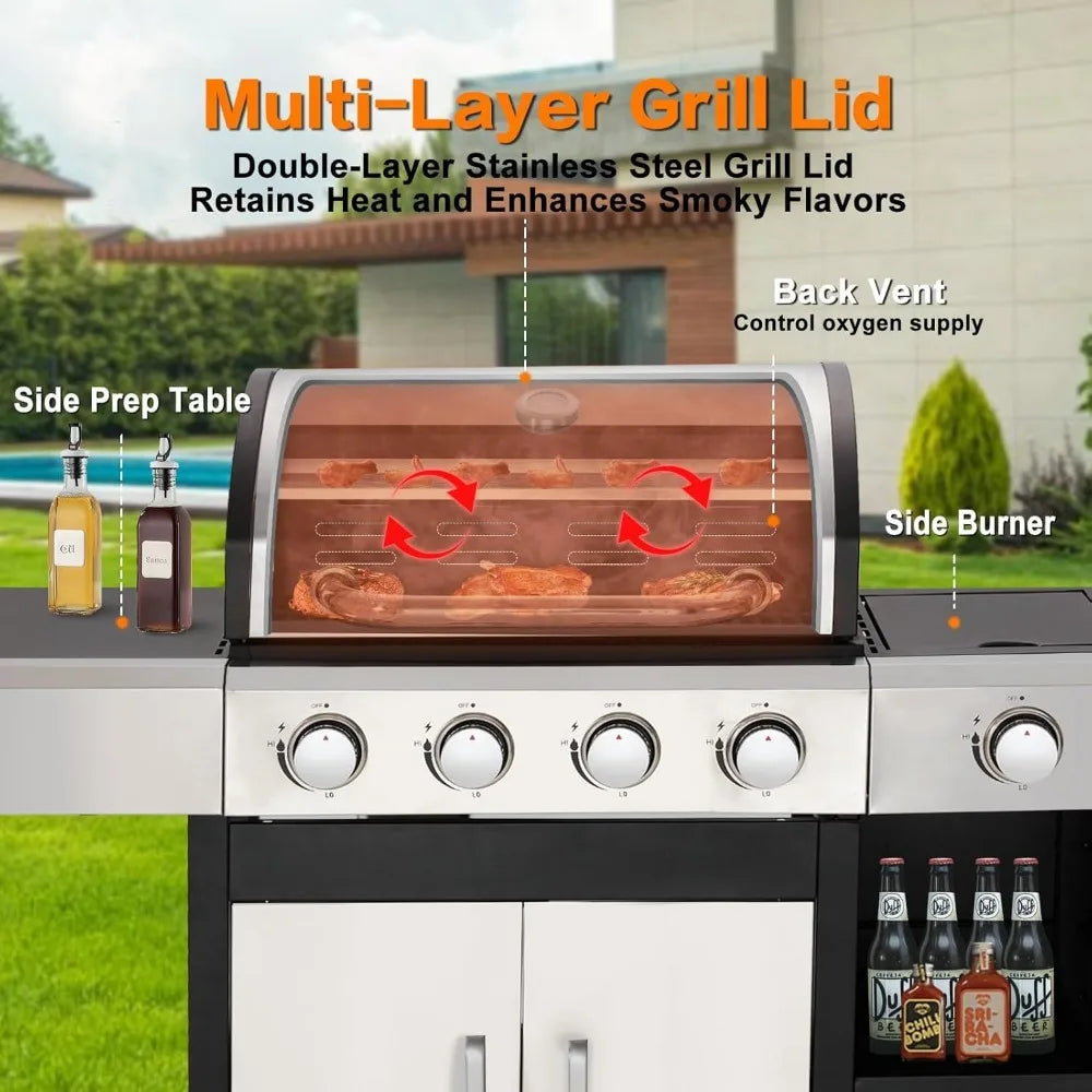 Stainless Steel 4-Burner Propane Gas Grill with Side Burner and Cabinet, 49,000 BTU Output, Porcelain-Enameled Cast Iron Grates