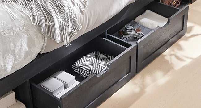 King Size Farmhouse Wood Bed Frame with Storage Bookcase Headboard, LED Light & Charging Station (Black)