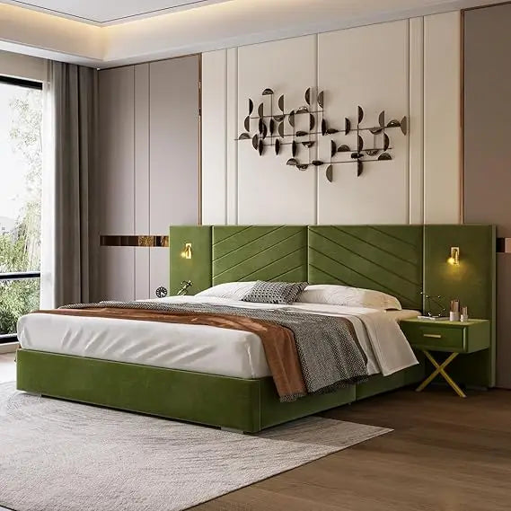 Luxurious King Platform Bed Frame – Velvet Upholstered Headboard with Built-In Sconces & Nightstands