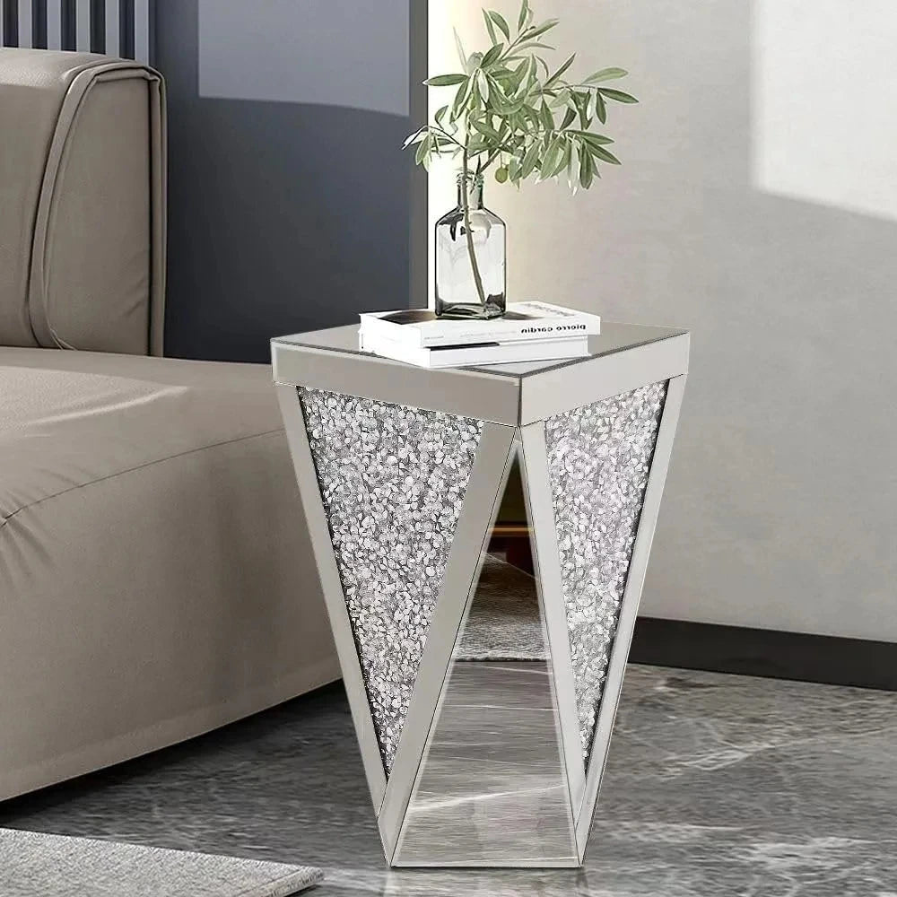 Silver Mirrored End Table, Crystal Inlay Side Table Accent Table, Small Mirrored Coffee Table for Living Room, Bedroom GN152TB