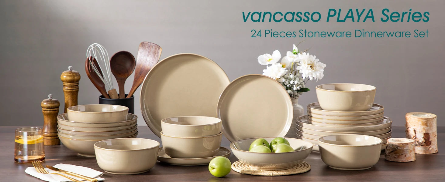 vancasso 12/16/18/24 Piece Light-Brow Reactive Glaze Stoneware Plates Set Dinnerware Sets with 4/6 pcs Dinner Plate/Dessert/Bowl