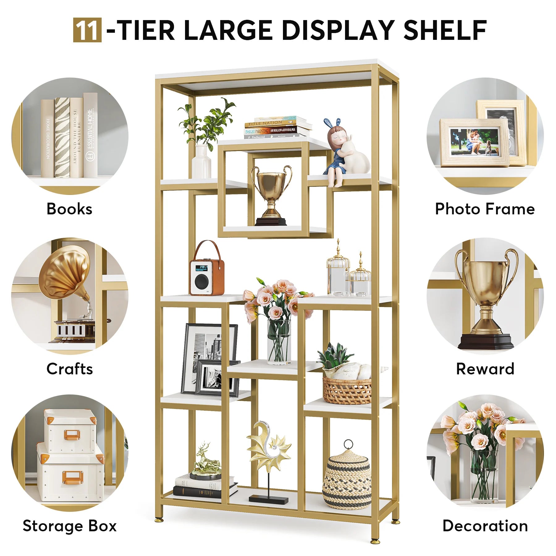 Tribesigns Gold 8-Open Shelf Étagère Bookcase with Faux Marble – Modern Display Bookshelf