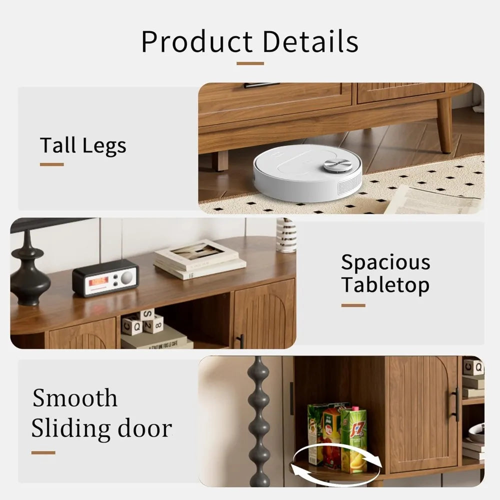 Mid-Century Modern 63 TV Stand for 70 TVs, Entertainment Center with Drawers and Fluted Doors, Curved Media Console