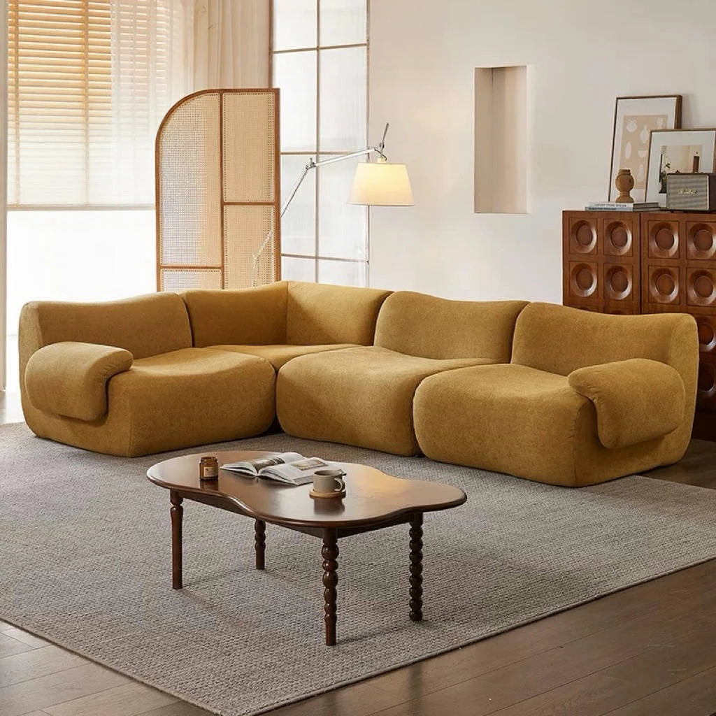 Vacuum-Compressed Modular Sofa, Wabi-Sabi Sherpa Fabric Sectional with High-Elastic Foam, Cream Mid-Century Style, Space Saving