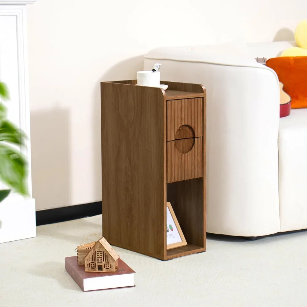 Narrow Fluted Nightstand Set of 2, Wooden Small 2 Drawer Nightstand, Slim Side End Table, Vintage Bedside Table, Mid Century Mod