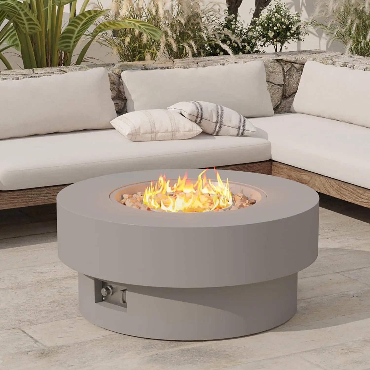 32 inch Outdoor Propane Fire Table, Round Patio Fire Pit Table, 50,000 BTU Gas FirePit with Lid, Cover, Lava Rocks, CSA Certifie