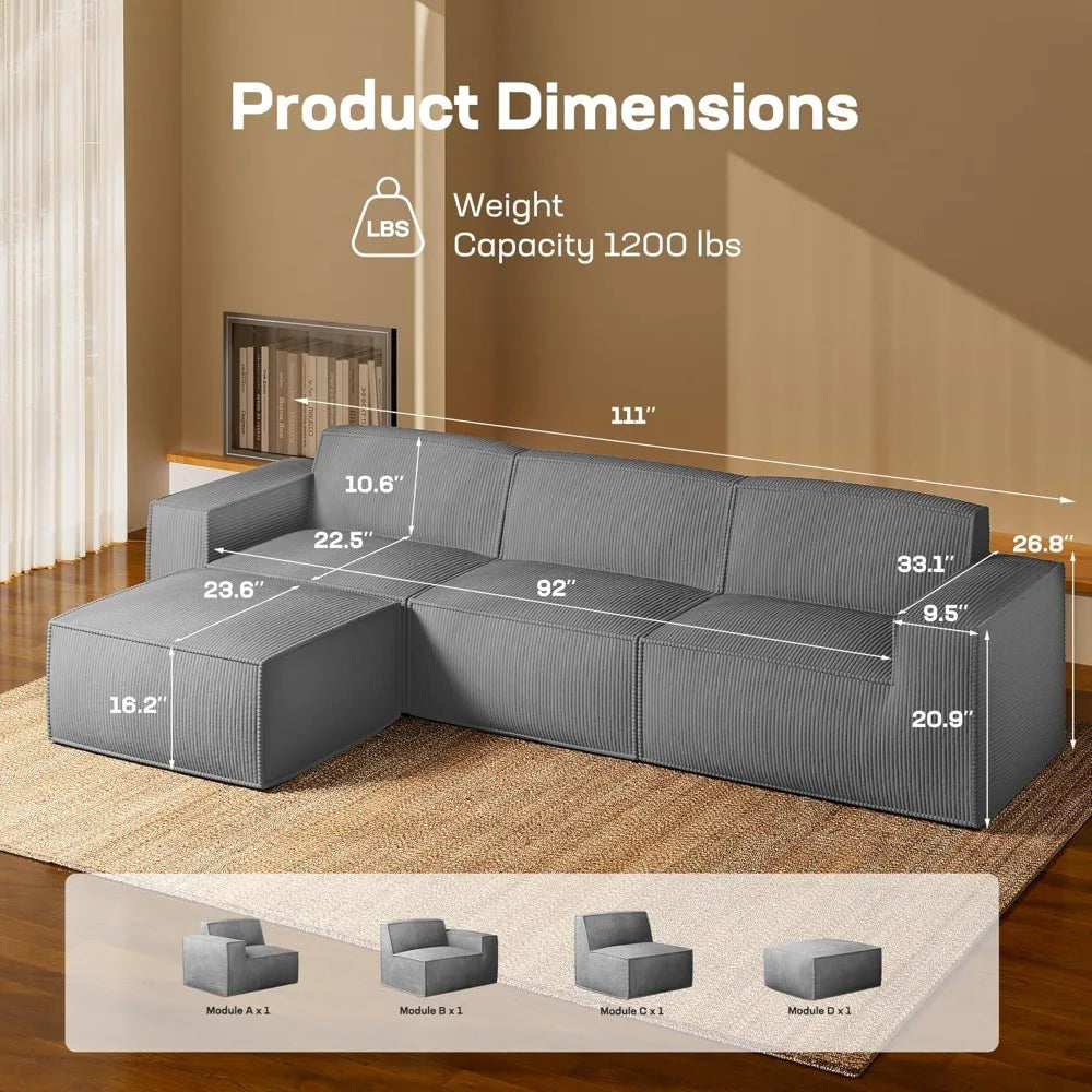 Modular Sectional Sofa, 111" L-Shaped Modular Sectional Couch with Deep Seat, Freely Combinable Sectional Clound Sofa fo