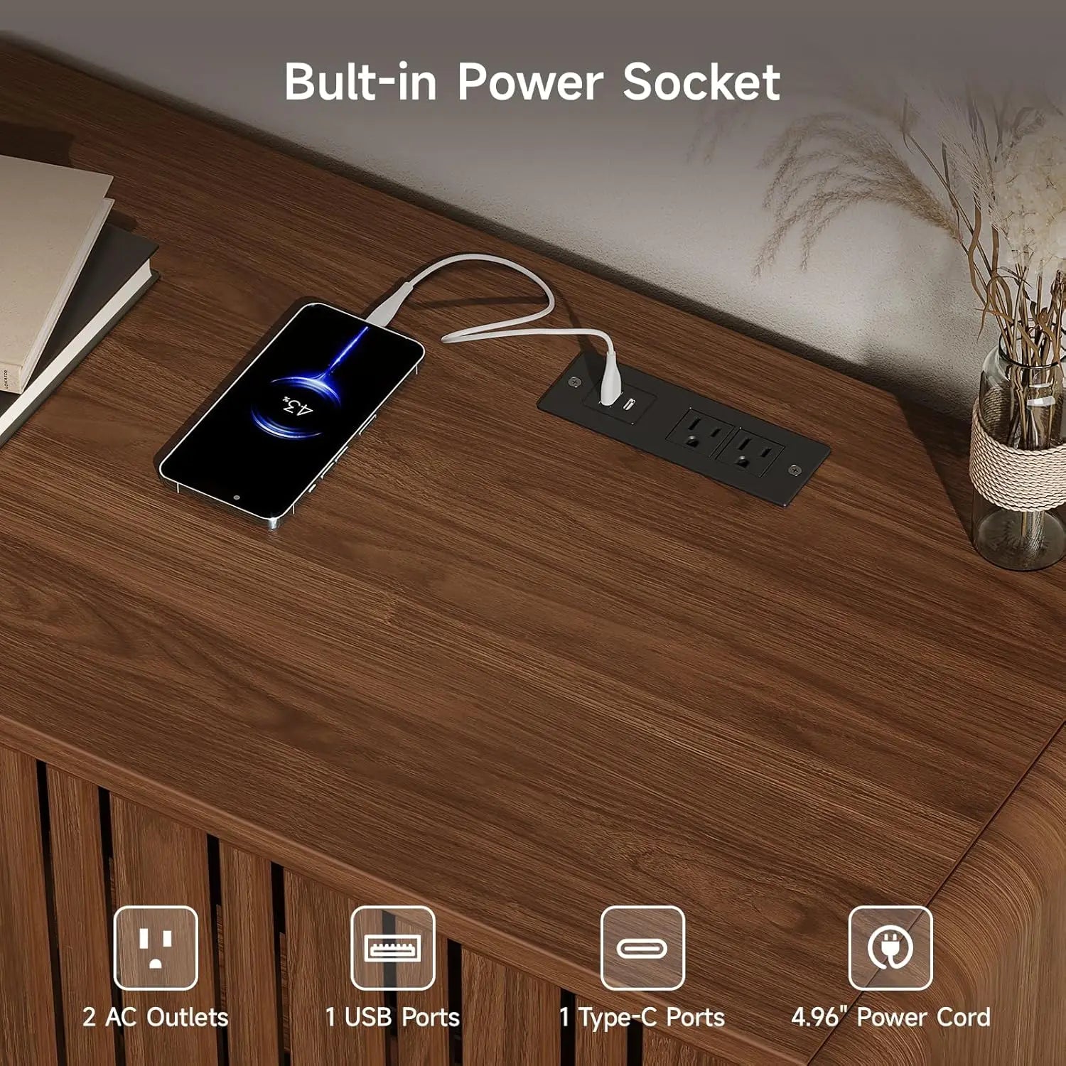 mid-century modern 63" tv stand for 75" tvs with sliding door entertainment center and power outlet